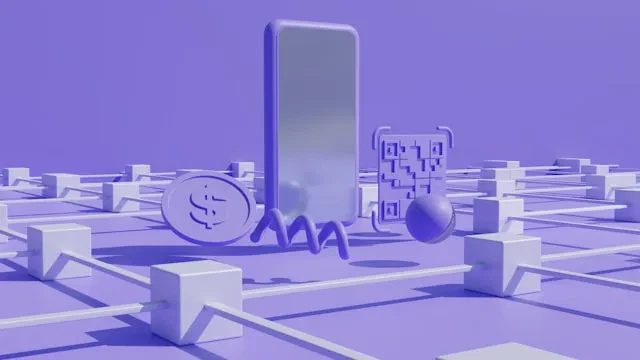 Abstract illustration of cryptocurrency elements: phone, coin, QR code on a blockchain network.