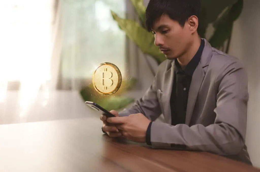Man in suit using phone with Bitcoin graphic overlay, representing foreign financial service providers.