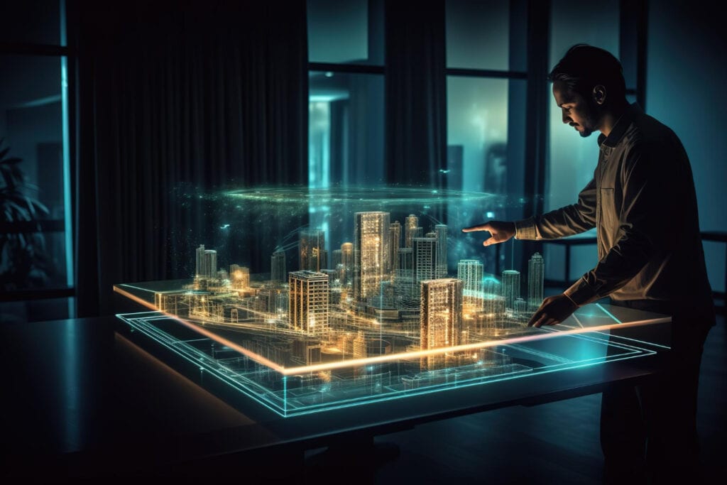 Man interacting with a holographic city model, relevant to fractional property investment and proptech.