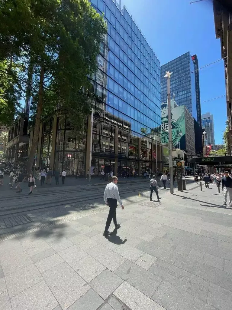 Sydney street scene with modern glass buildings and pedestrians.