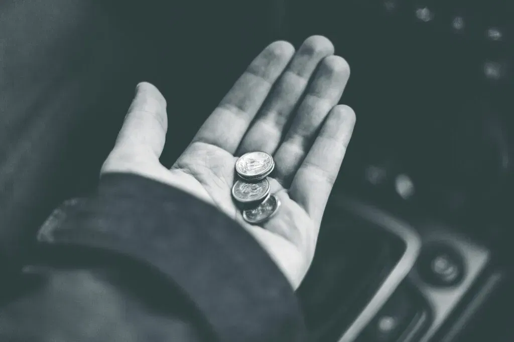 Black and white image of a hand holding a few coins, symbolizing financial implications of CSLR levy explained.