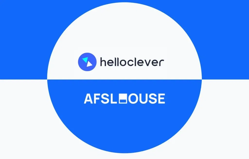 Logos for helloclever and AFSL House, divided horizontally across a white circle on a blue background.