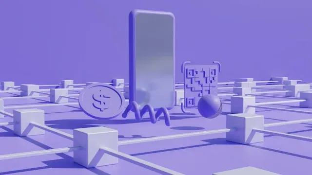 Abstract illustration of cryptocurrency elements: phone, coin, QR code on a blockchain network.