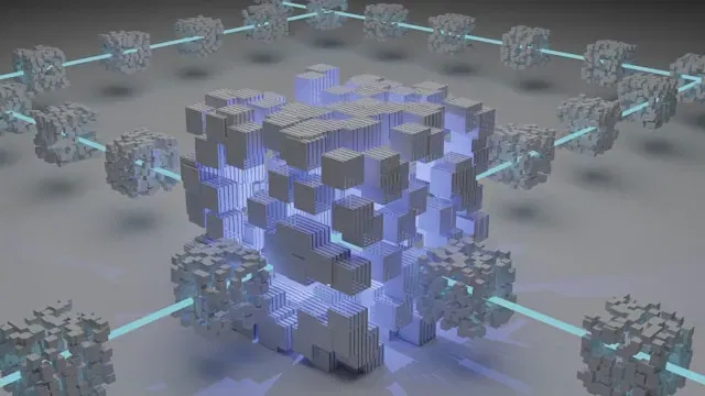 Abstract blockchain design with interconnected cubes representing digital assets.