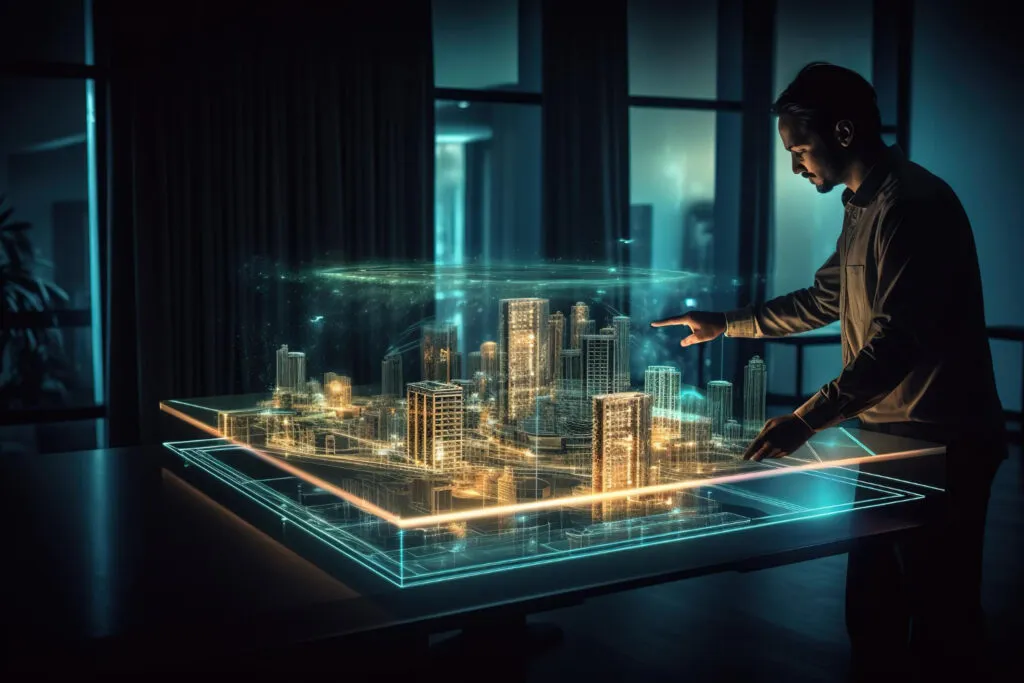 Man interacting with a holographic city model, relevant to fractional property investment and proptech.